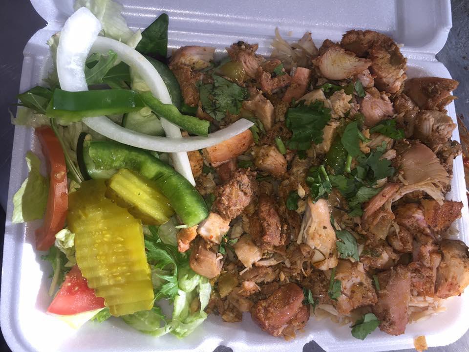 Chicken Shawarma Platter · a tender cut of chicken marinated, roasted and shaved in thin slices served with side salad, rice, and french fries choice of sauce  (tahini, white ,hot, BBQ, and green sauce)
