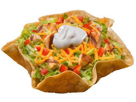 Grilled Chicken Taco Salad · Crispy tortilla bowl filled with sliced grilled chicken breast, shredded cheddar cheese, crisp shredded lettuce, and diced ripe tomatoes, topped with sour cream, and served with picante sauce on the side.