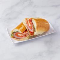 4. Italian Sub Sandwich · Prosciutto, cappy ham, Genoa salami, pepperoni, provolone, roasted pepper, lettuce, tomato, ...