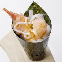 Shrimp Tempura Temaki · Shrimp tempura, cucumber, and mayo.