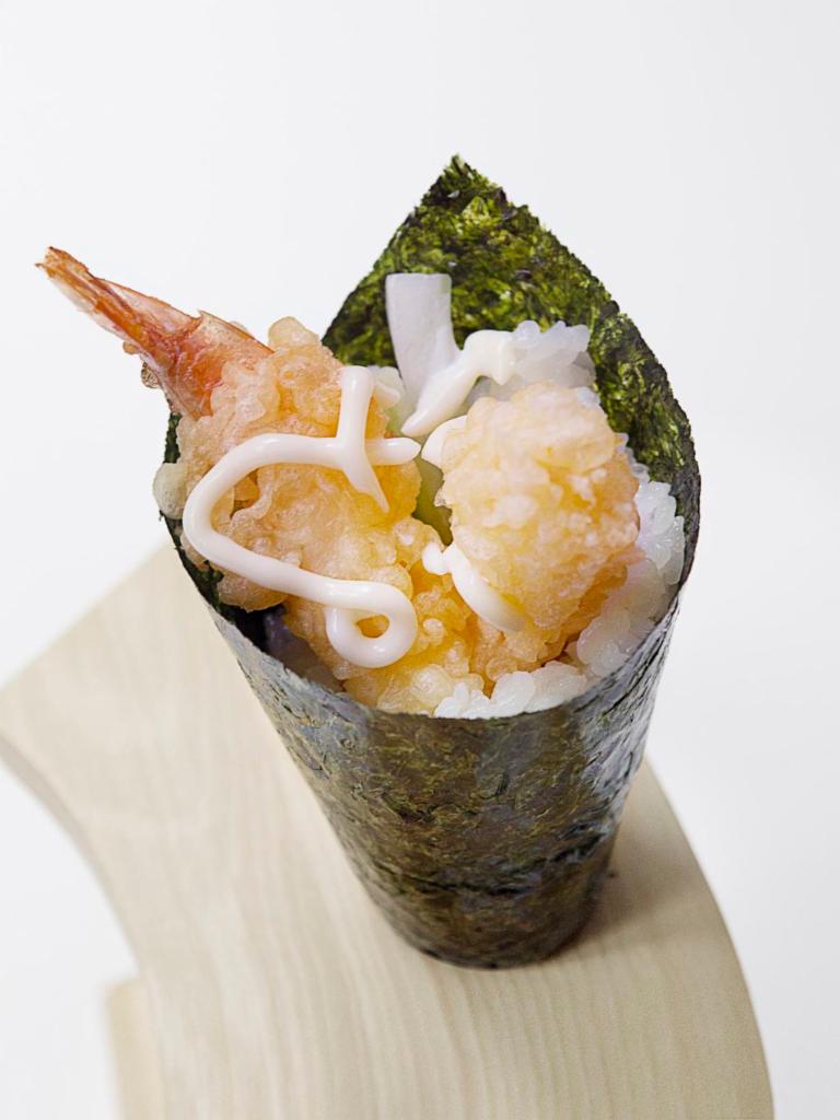Shrimp Tempura Temaki · Shrimp tempura, cucumber, and mayo.