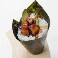 Eel Avocado Temaki · A cut of grilled eel, avocado, and eel sauce.