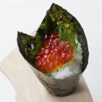 Ikura Temaki · Salmon roe and shiso leaf.