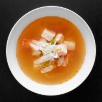 Spicy Seafood Soup (16 oz) · Loaded with salmon belly, shrimp, kanikama and scallion. Kimchee chili broth.