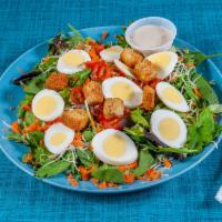 Garden Salad, 1/2 or whole, All organic · Mixed greens, sliced hard boiled eggs (1 for 1/2 or 2 for whole), cherry tomatoes, carrot, c...
