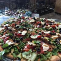 Salad Pizza · Salad pizza baby greens sliced tomatoes onions cucumbers fresh eggplant roasted peppers fres...