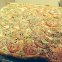 Grandpa Pizza  · Fresh slice tomatoes mozzarella and garlic.