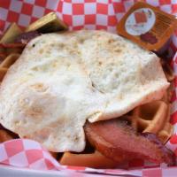 Open Face Belgian Waffle Sandwich  · Large Belgian waffle with fried egg, bacon. Served with butter and syrup on the side. 