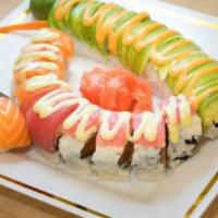 Rainbow Roll · Kani, avocado and fish on top.