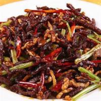 Dry Sauteed Shredded Crispy Beef · Shredded beef sauteed until crispy. Served in a tangy spicy sauce. Hot and spicy.