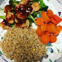 Hibachi Shrimp Dinner · Includes fried rice, sweet carrots and salad.