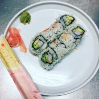 California Roll · 8 pieces. Crab stick, avocado and cucumber inside, masago (fish egg) on top.
