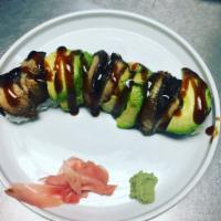 Dragon Roll · 8 pieces. Eel and avocado on top of California roll.