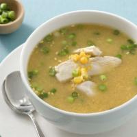 Chicken Sweet Corn Soup · A light, clear soup prepared with sweet corn and tender pieces of chicken.