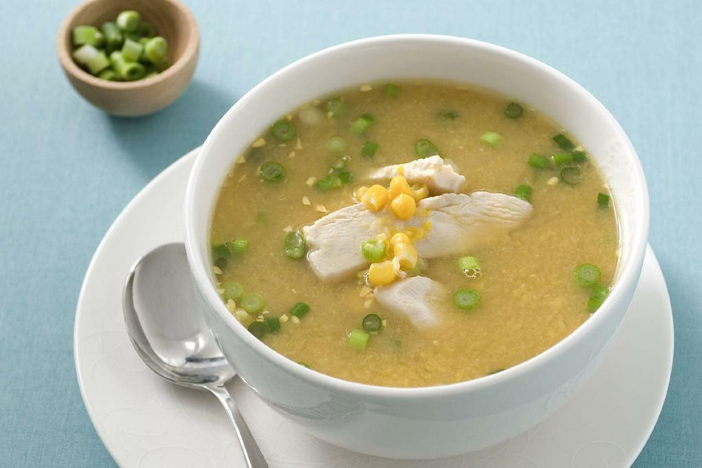 Chicken Sweet Corn Soup · A light, clear soup prepared with sweet corn and tender pieces of chicken.