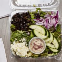 Greek Salad · Included mixed salad, olives, red onions, cucumbers and feta cheese.