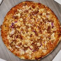 Hawaiian Pizza · Included: tomato basil marinara, mozzarella, roasted chicken, onions and cinnamon pineapples.