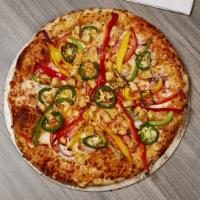 Tandoori Chicken Pizza · Included: tomato basil marinara, mozzarella, tandoori chicken, onions, tomatoes, mixed peppe...
