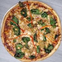 BBQ Chicken Pizza · Included: roasted chicken, caramelized onions, spinach, red peppers, mozzarella, BBQ sauce 