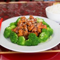 Sesame Chicken · Served with white rice.