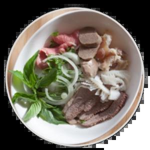 P1. Three Pho Bowl 09 Special · Noodle, beef broth, beef steak, beef meatballs, brisket, tripe, and soft tendon.
