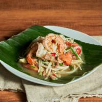 Som Tum Zabb PuTawn (Chef Tony's Special Combo) · Shredded green papaya w/ kanom jeen noodles (rice vermicelli), palm sugar, fish sauce,lime, ...