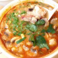 Tom Yum Gai (Chicken) · Chicken soup. Spicy lemongrass broth, mushroom, tomato, celery and milk.
