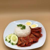 Kow Moo Dang (Roasted Pork Over Rice) · Roasted five-spice marinated pork, Chinese sweet sausage. Served w/ sesame gravy, boiled egg...