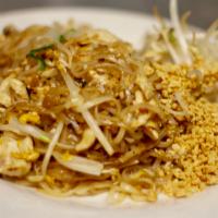 Pad Thai · Thin rice noodles stir fried w/ bean sprouts, chives, egg, tamarind, preserved radish, and g...
