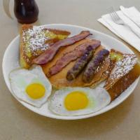 MPH Combo · 2 eggs, 2 strips of bacon, 2 sausage links, 2 pancakes, and 2 triangles, of French toast.