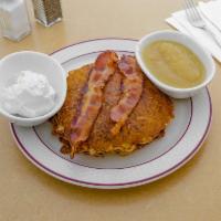 Potato Pancakes · 5 polish style pancakes made from fresh grated potatoes, onions, and parsley. Served with ba...