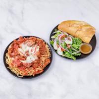 Chicken Parmigiana · Served with salad and Italian bread.