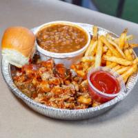 Pulled Chicken Meat Platter · Smoked pulled chicken drizzled with housemade BBQ sauce served with your choice of 2 sides