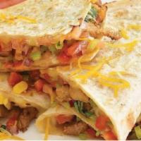 QUESADILLA DE RES  (Ground Beef Quesadilla) · 3 cheese, pico de gallo, corn, sour cream & salsa