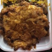 68. Beef Egg Foo Young · With white rice.