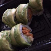 Veggie Dragon Roll · Sweet potato tempura and cucumber topped with avocado.
