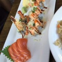 Atlantic Roll · Most popular. Shrimp tempura and cucumber topped with spicy crab meat, peach sauce and eel s...