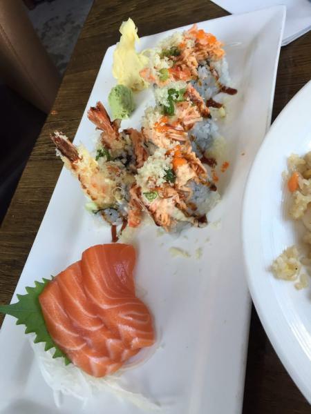 Atlantic Roll · Most popular. Shrimp tempura and cucumber topped with spicy crab meat, peach sauce and eel sauce.