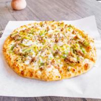 Buffalo Chicken Pizza · Buffalo and ranch sauce mixed, chicken breast, red onion, and cheddar cheese.
