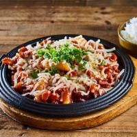 Buldak (Serve 1-2) · Pan fried spicy chicken, onion, scallion, red pepper, rice cake and mozzarella cheese and sc...