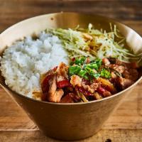 Teriyaki chicken Rice Bowl · Steamed rice served with pan fried Teriyaki chicken and vegetable (red pepper, scallion, oni...