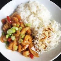 Teriyaki Shrimp Rice Bowl · Steamed rice served with pan fried Teriyaki Shrimp and vegetable (red pepper, scallion, onio...