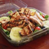 Cobb Salad · Golden roasted turkey or chicken, grape tomatoes, cucumbers, black and green olives, bacon, ...