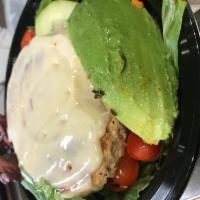 The Skinny Turkey Burger Bowl · turkey burger, melted lorraine swiss, organic greens, tomato, avocado