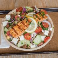 The Zeus Bowl · Crumbled feta, cherry tomato, cucumber, red onion, garbanzo beans, baby kale and Kalamata ol...