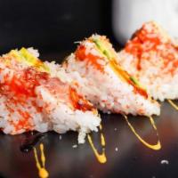 Sushi Sandwich · Spicy tuna, salmon, avocado, tamago and kani with black caviar on top with eel sauce and spi...