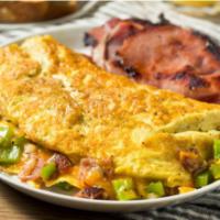 Ham and Bacon Omelette · Fresh eggs, crispy bacon, and ham omelet served with home fries.