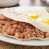 Breakfast Burrito with Corned Beef, Egg, and Cheese · Fresh eggs, corned beef, and melted cheese wrapped in a warm tortilla with a side of home fr...