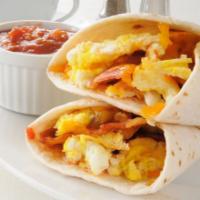 Breakfast Burrito with Bacon, Egg, and Cheese · Fresh eggs, crispy bacon, and melted cheese wrapped in a warm tortilla with a side of home f...