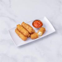 6 Mozzarella Sticks · Mozzarella cheese that has been coated and fried. 